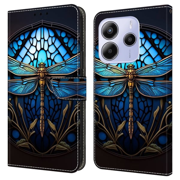 Xiaomi Redmi Note 14 5G-etui med kortspormønster trykt fleksibelt + vegansk flip-telefondeksel i lær - Blå Øyenstikker