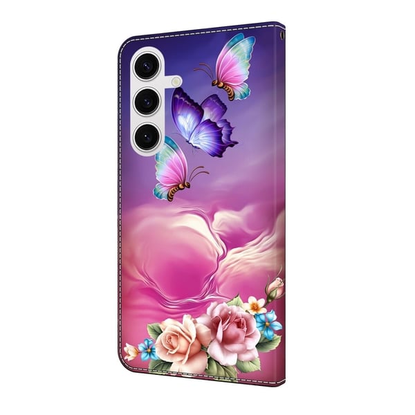 Samsung Galaxy S25 lommebokveske med mønsterutskrift Stativ lær flip telefondeksel - Blomster Sommerfugl