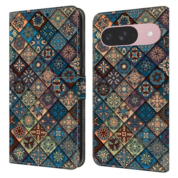 Google Pixel 9 / 9 Pro lommebokveske med mønsterutskrift stativ lær flip-telefondeksel - Blå Blomster