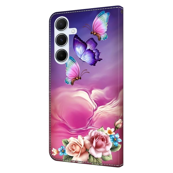 Samsung Galaxy S24 FE lommebokveske med mønstermønster som trykker på stativ, flip-telefondeksel i lær - Blomster Sommerfugl