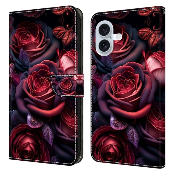 iPhone 16 Plus Etui med pung Mønster print Stand Leather Flip Phone Cover - Sort Rose