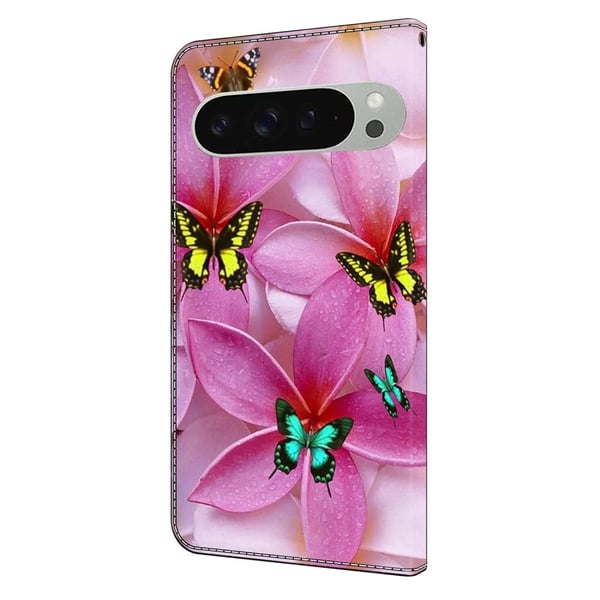 Google Pixel 9 Pro XL lommebokveske med mønsterutskrift stativ lær flip telefondeksel - Rosa Blomster Sommerfugl