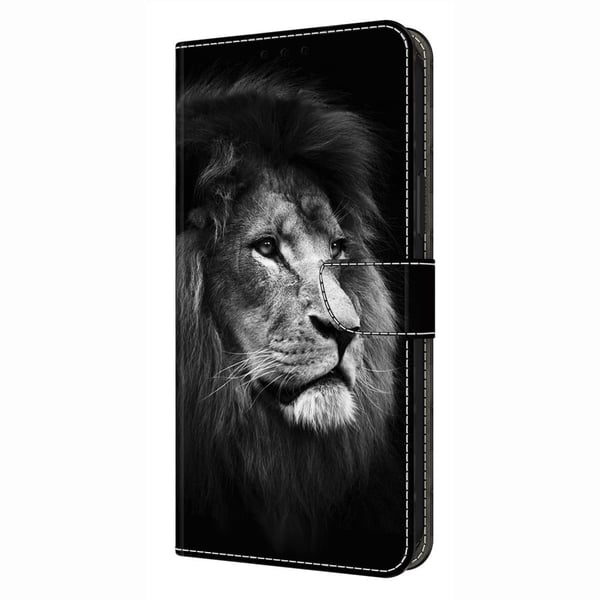 iPhone 16 Pro lommebokveske med mønstermønster som trykker på stativ, flip-telefondeksel i lær - Løve