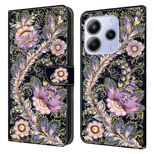 Xiaomi Redmi Note 14 5G lommebokveske med mønsterutskrift stativ lær flip-telefondeksel - Vintage Gullnål