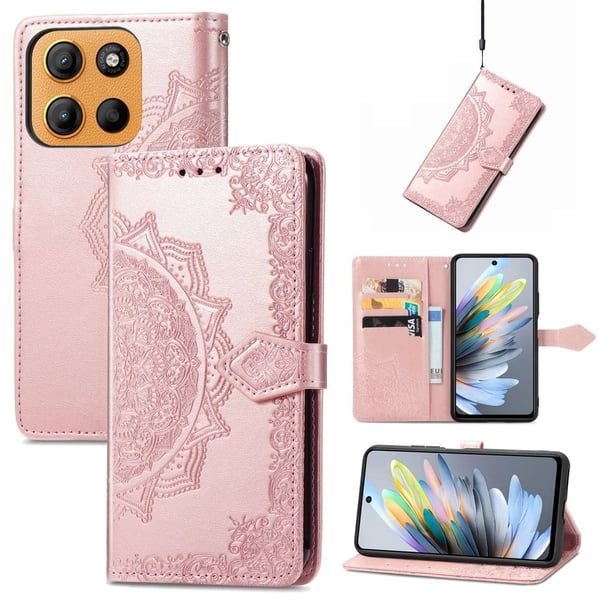 Motorola Moto G15 4G Etui med pung Mandala Flower Leather Phone Cover Stand - Rødguld Motorola Moto G15 4G Etui med pung Mandala Flower Leather Phone Cover Stand - Rødguld