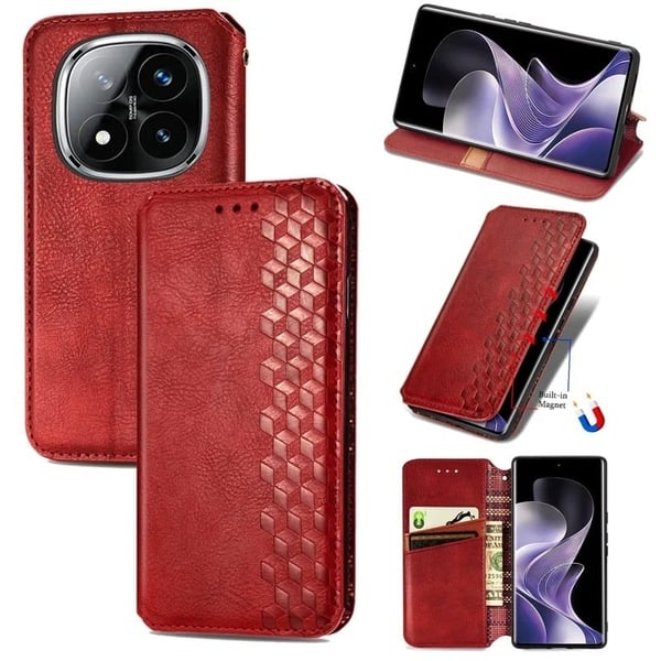 Xiaomi Redmi Note 14 Pro 4G Etui Rhombus Imprint Vegansk lær lommebok telefondeksel - Rød