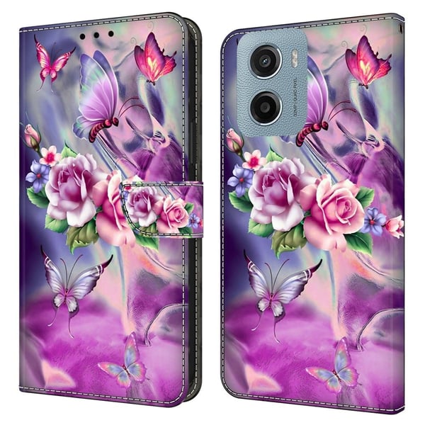 Motorola Moto E15 4G-etui 3D-mønster Vegansk lær lommebok telefondeksel med stativ - Sommerfugler / Blomster