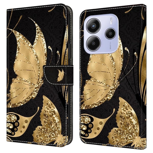 Xiaomi Redmi Note 14 5G Etui med magnetisk lås 3D-mønster Lær lommebok telefondeksel - Gylden Sommerfugl