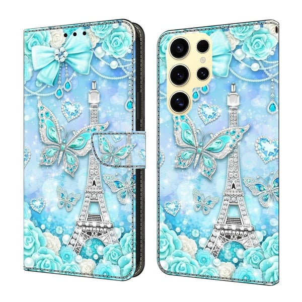 Samsung Galaxy S25 Ultra lommebokveske med mønstermønster Stativ flip-telefondeksel i lær - Sommerfugl Kobolt Tårn