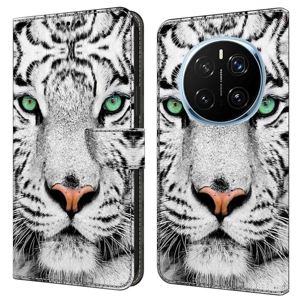 Honor Magic7 Pro 5G-etui med kortspormønster trykt fleksibelt + vegansk flip-telefondeksel i lær - Tigeransikt