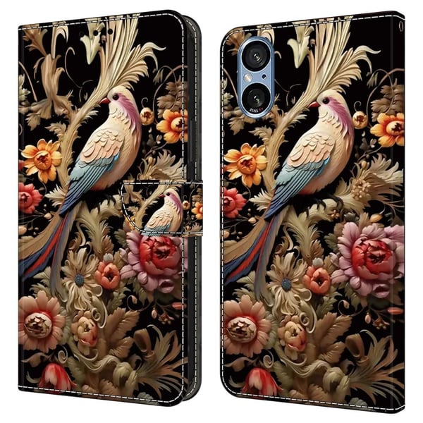 Sony Xperia 5 V-etui Vegansk lær lommebok telefondeksel med stativ - Vintage-Blomst Og Fugl