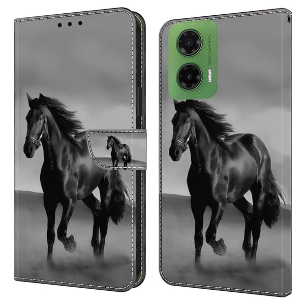 Motorola Moto G35 5G Etui med magnetisk lås 3D-mønster Læderpung Telefoncover - Sort Hest