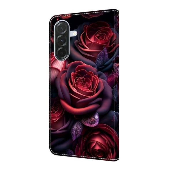 Samsung Galaxy A36 5G lommebokveske med mønstermønster som trykker på stativ, flip-telefondeksel i lær - Svart Rose
