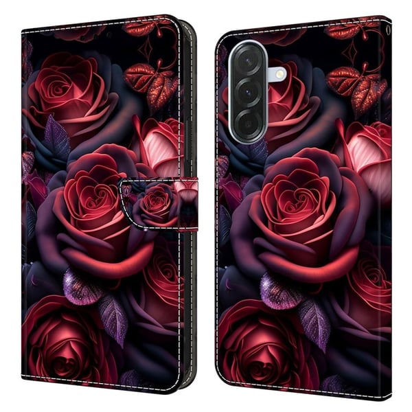 Samsung Galaxy A36 5G lommebokveske med mønstermønster som trykker på stativ, flip-telefondeksel i lær - Svart Rose