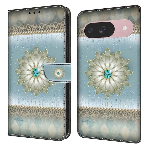 Google Pixel 9 / 9 Pro lommebokveske med mønsterutskrift stativ lær flip-telefondeksel - Blå Diamantblomst