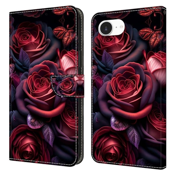 iPhone 16e lommebokveske med mønstermønster som trykker på stativ, flip-telefondeksel i lær - Svart Rose