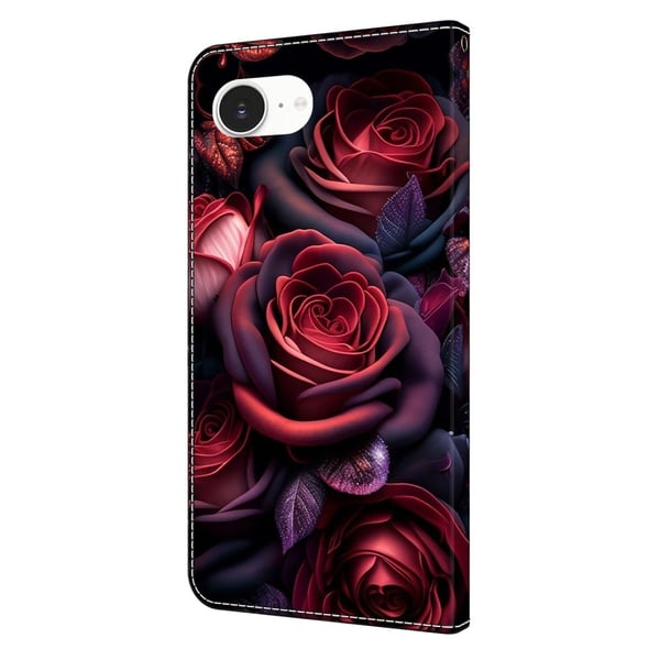 iPhone 16e lommebokveske med mønstermønster som trykker på stativ, flip-telefondeksel i lær - Svart Rose