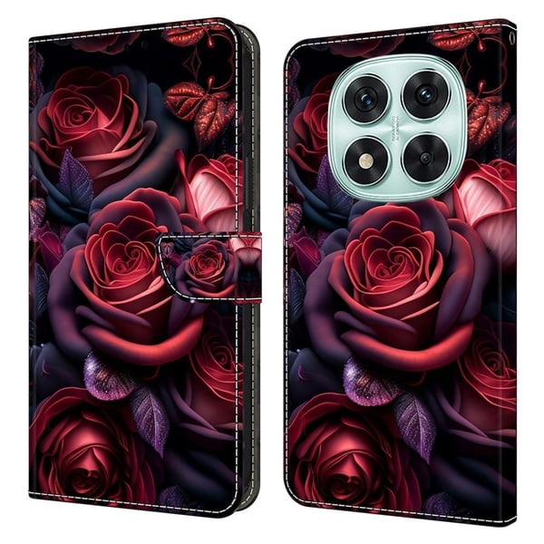 Xiaomi Redmi Note 14 Pro+ 5G lommebokveske med mønsterutskrift, stativ, flip-telefondeksel i lær - Svart Rose