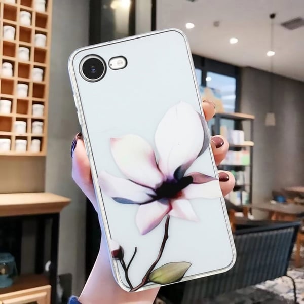 iPhone 16e-etui Blødt, fleksibelt telefonbagcover med mønsterudskrivning - Hvid Blomst
