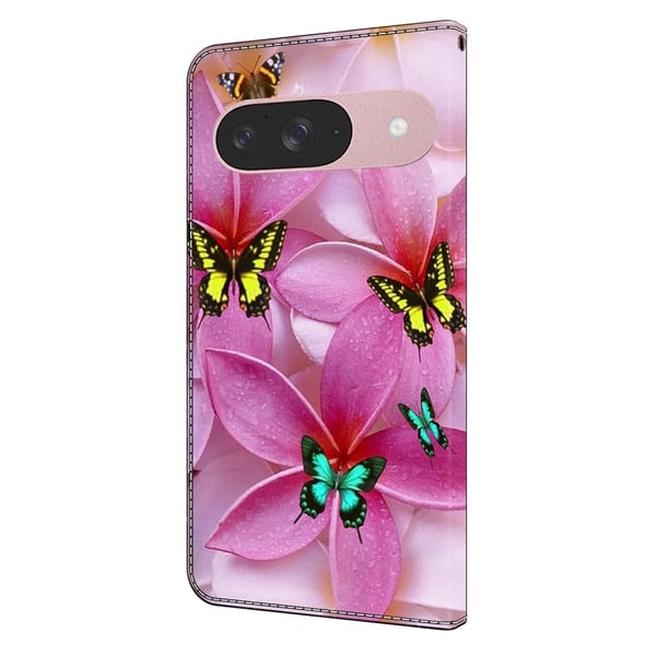 Google Pixel 9 / 9 Pro lommebokveske med mønsterutskrift stativ lær flip-telefondeksel - Rosa Blomster Sommerfugl