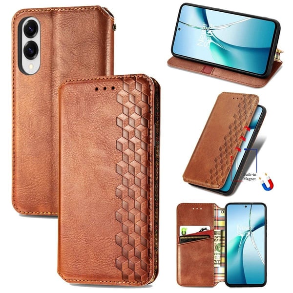 Samsung Galaxy S25 Edge Etui Rhombus Imprint Vegansk lær lommebok telefondeksel - Brun