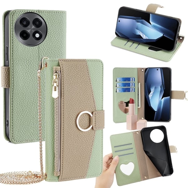 OnePlus Ace 5 5G / 5 Pro 5G Etui Mirror Wallet Leather Phone Deksel med kjede skulderrem - Grønn