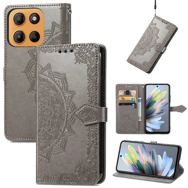 Motorola Moto G15 4G lommebokveske Mandala Flower Leather Phone Deksel Stand - Grå