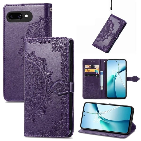 Google Pixel 9a Etui med pung Mandala Flower Leather Phone Cover Stand - Lilla