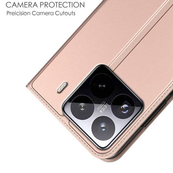 Xiaomi 15 Pro-etui Vegansk lærdeksel med kortholderstativ - Rose Gull