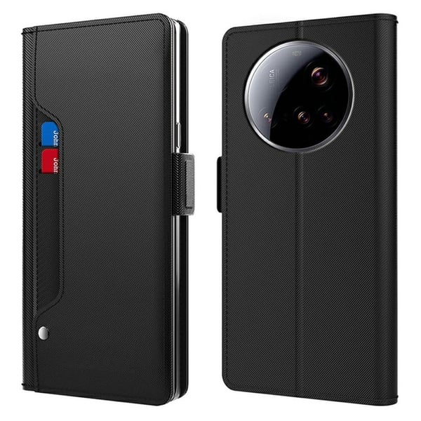 Xiaomi 15 Ultra Case Stand Vegansk lær Telefondeksel Kortholder Speil - Svart