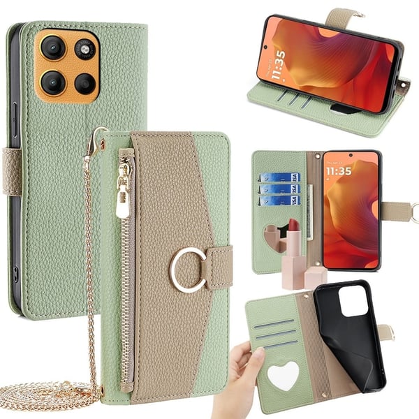 Motorola Moto G15 4G / G15 Power 4G Etui Speil lommebok skinn telefondeksel med kjede skulderrem - Grønn