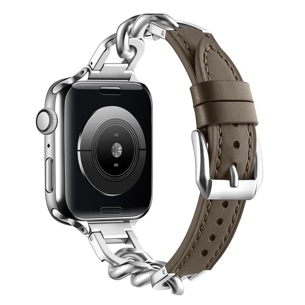 Armbånd til Apple Watch Series 49mm - 45mm - 44mm - 42mm Ekte lærrem av ku - Solbrun + Sølv