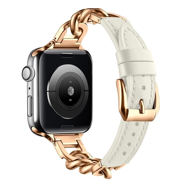 Armbånd til Apple Watch Series 49mm - 45mm - 44mm - 42mm Ekte lærrem av ku - Beige + Rose Gull