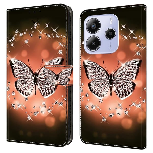 Xiaomi Redmi Note 14 5G Etui 3D-mønster Vegansk lær lommebok telefondeksel med stativ - Krystall Sommerfugl