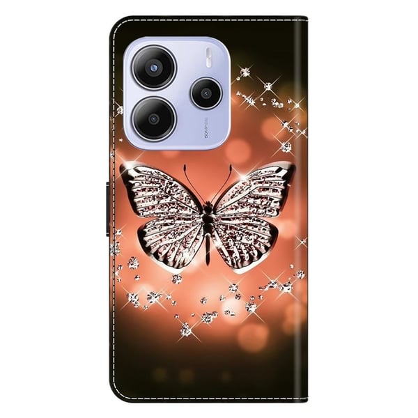 Xiaomi Redmi Note 14 5G Etui 3D-mønster Vegansk lær lommebok telefondeksel med stativ - Krystall Sommerfugl