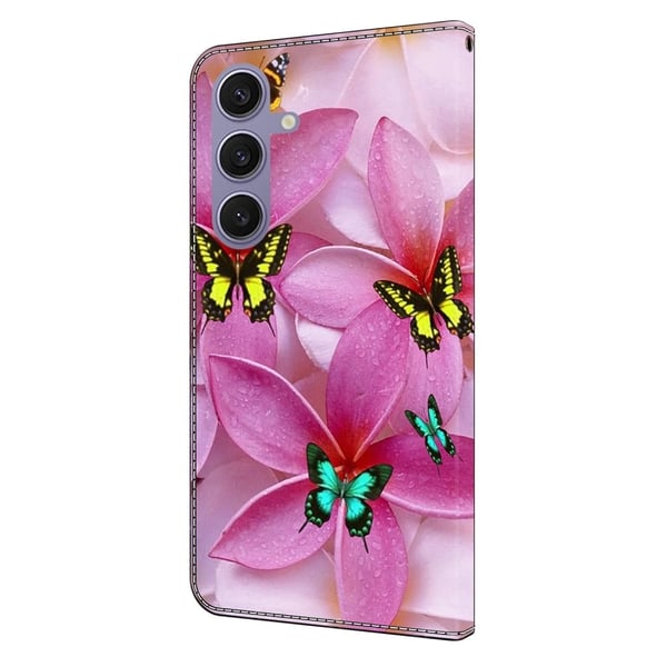 Samsung Galaxy S25+ lommebokveske med mønstermønster, stativ, flip-telefondeksel i lær - Rosa Blomster Sommerfugl
