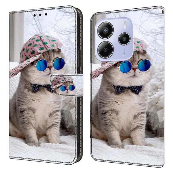 Xiaomi Redmi Note 14 5G lommebokveske med mønsterutskrift stativ lær flip-telefondeksel - Hatt Katt