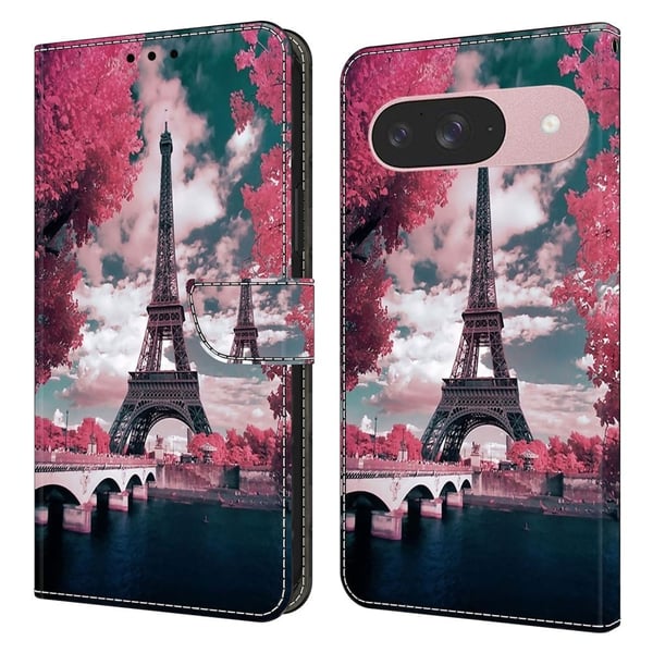 Google Pixel 9 / 9 Pro lommebokveske med mønsterutskrift stativ lær flip-telefondeksel - Eiffeltårnet