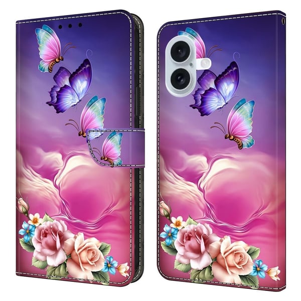 iPhone 16 lommebokveske med mønsterutskrift stativ lær flip telefondeksel - Blomster Sommerfugl