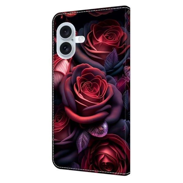 iPhone 16 Etui med pung Mønster print Stand Leather Flip Phone Cover - Sort Rose