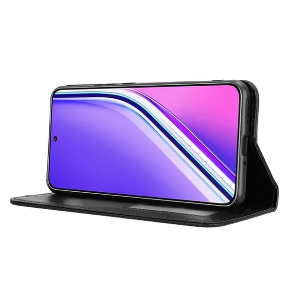 Realme P3 Pro 5G Retro vegansk lærveske Telefonlommebokstativdeksel - Svart