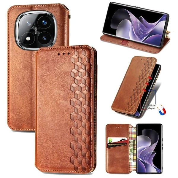 Xiaomi Redmi Note 14 Pro 5G Etui Rhombus Imprint Vegansk lær lommebok telefondeksel - Brun Xiaomi Redmi Note 14 Pro 5G Etui Rhombus Imprint Vegansk lær lommebok telefondeksel - Brun