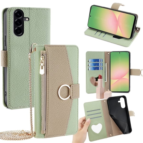Samsung Galaxy A56 5G Etui med speil, lommebok, lærdeksel med kjettingskulderstropp - Grønn