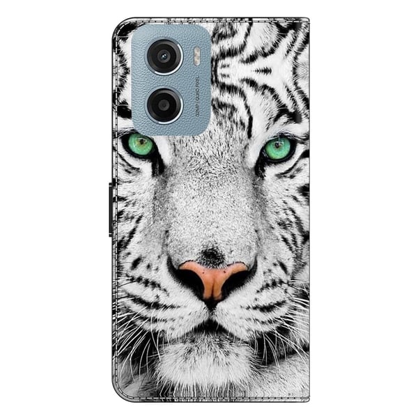 Motorola Moto E15 4G-etui med kortspor mønster trykt fleksibelt + vegansk flip-telefondeksel i lær - Tigeransikt