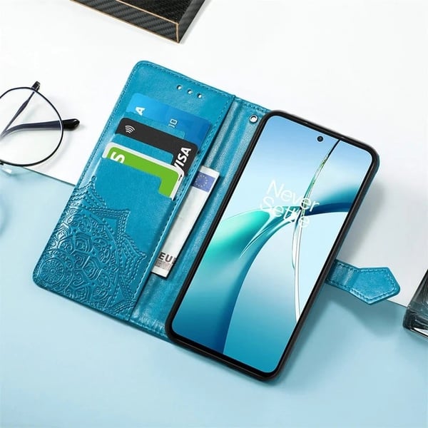 Google Pixel 9a lommebokveske Mandala Flower Leather Phone Deksel Stand - Blå