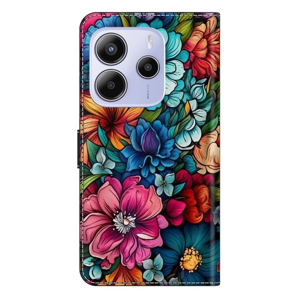Xiaomi Redmi Note 14 5G-etui med kortspormønster trykt fleksibelt + vegansk flip-telefondeksel i lær - Staphyllum