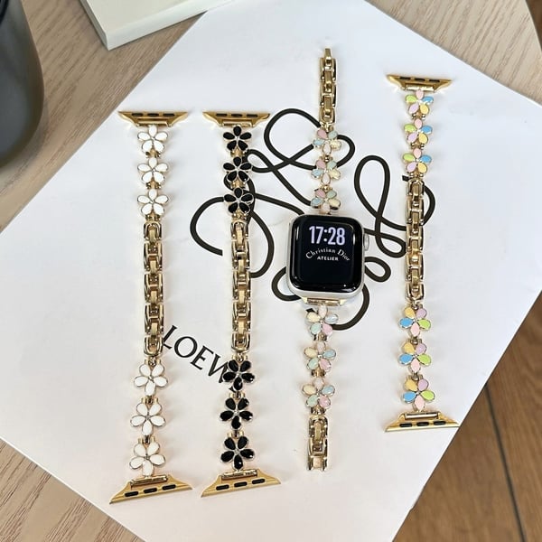 Armbånd til Apple Watch Series 41mm - 40mm - 38mm blomsterdesignet håndleddsrem i sinklegering - Hvit + Gull