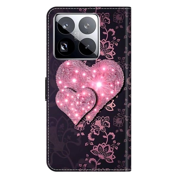 Xiaomi 15 Pro-etui 3D-mønster Vegansk lær lommebok telefondeksel med stativ - Blonder Hjerter