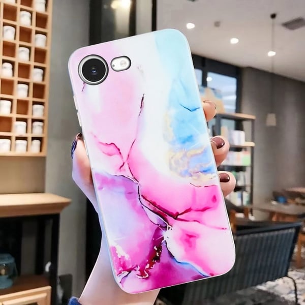 iPhone 16e-etui Marmormønster malt fleksibelt bakdeksel for telefon - Rosa / Blå