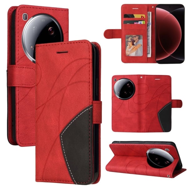 Xiaomi 15 Ultra Leather Phone Case stander, kortholder med tofarvet splejsningsdesign - Rød